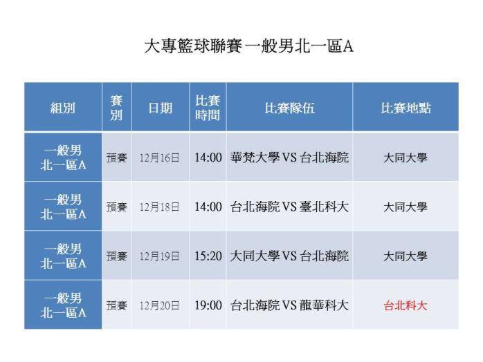一般男子北一區A組賽程表圖片