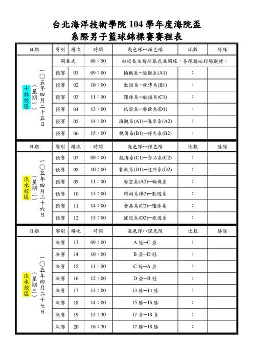 104學年度海院盃系際男子籃球錦標賽 賽程公告圖片